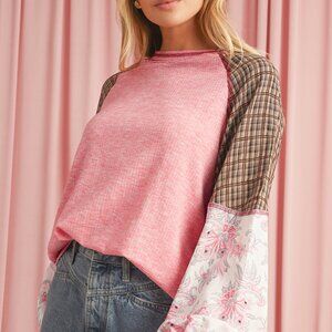 B217 Fushia Floral Plaid Mixed Print Patchwork Raglan Ribbed Top